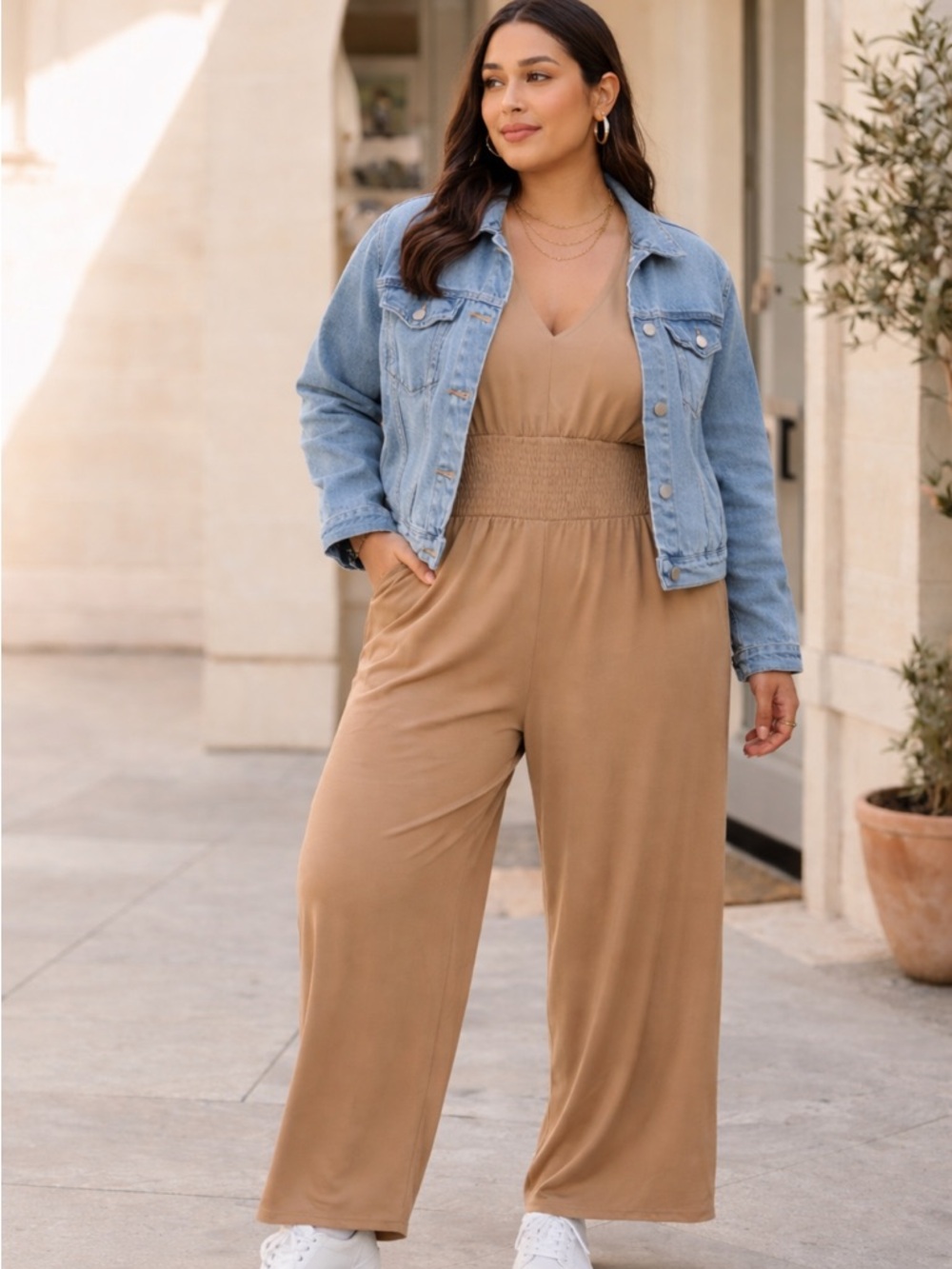 Plus Size Tan Wide-Leg Jumpsuit Smocked-Waist 2X